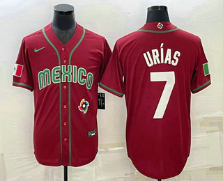 Mens Mexico Baseball #7 Julio Urias 2023 Red Blue World Baseball Classic Stitched Jersey